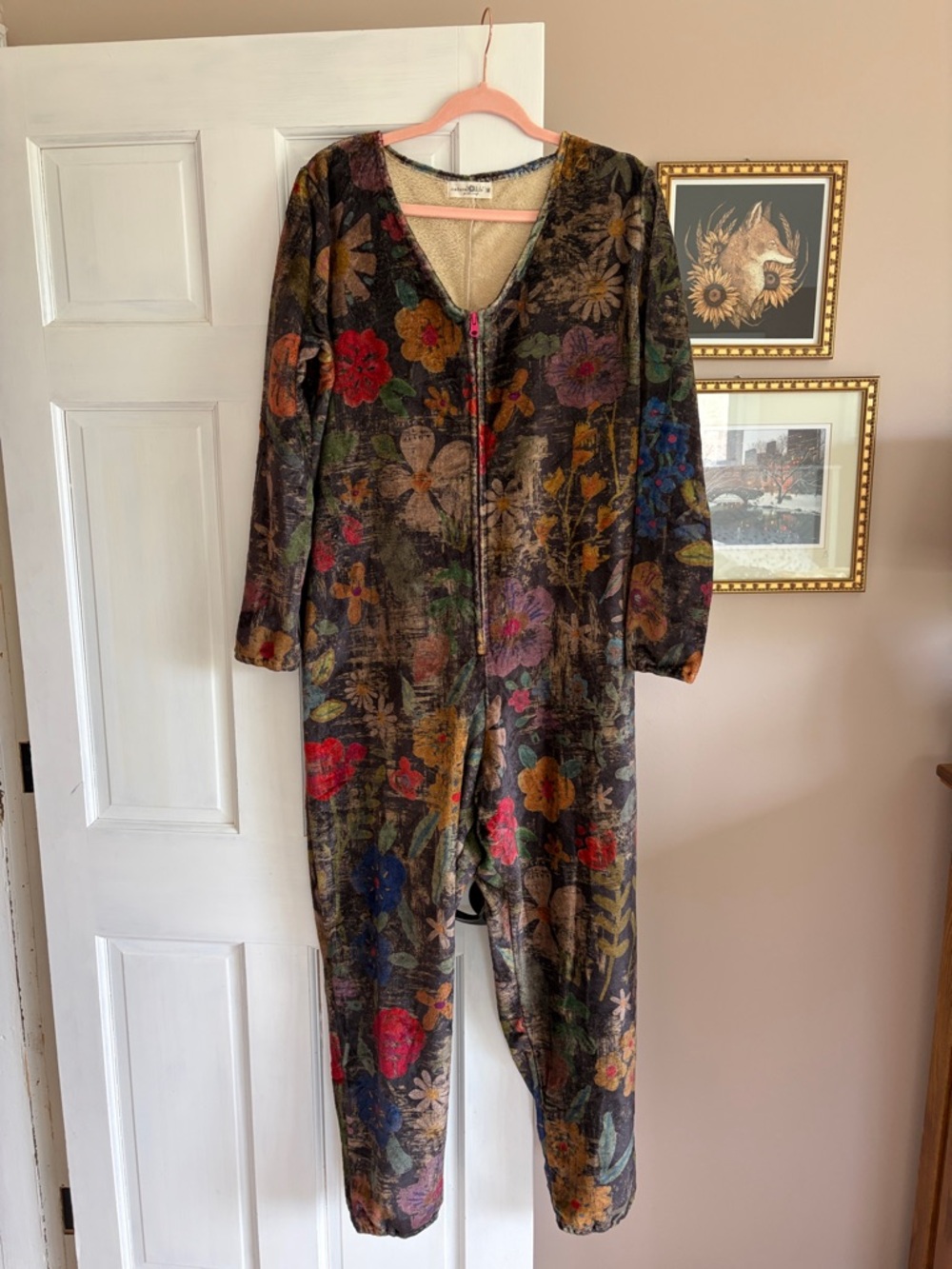 Like New Natural Life Wildflower Floral Velvet Zip Front Jumpsuit - Multicolor
